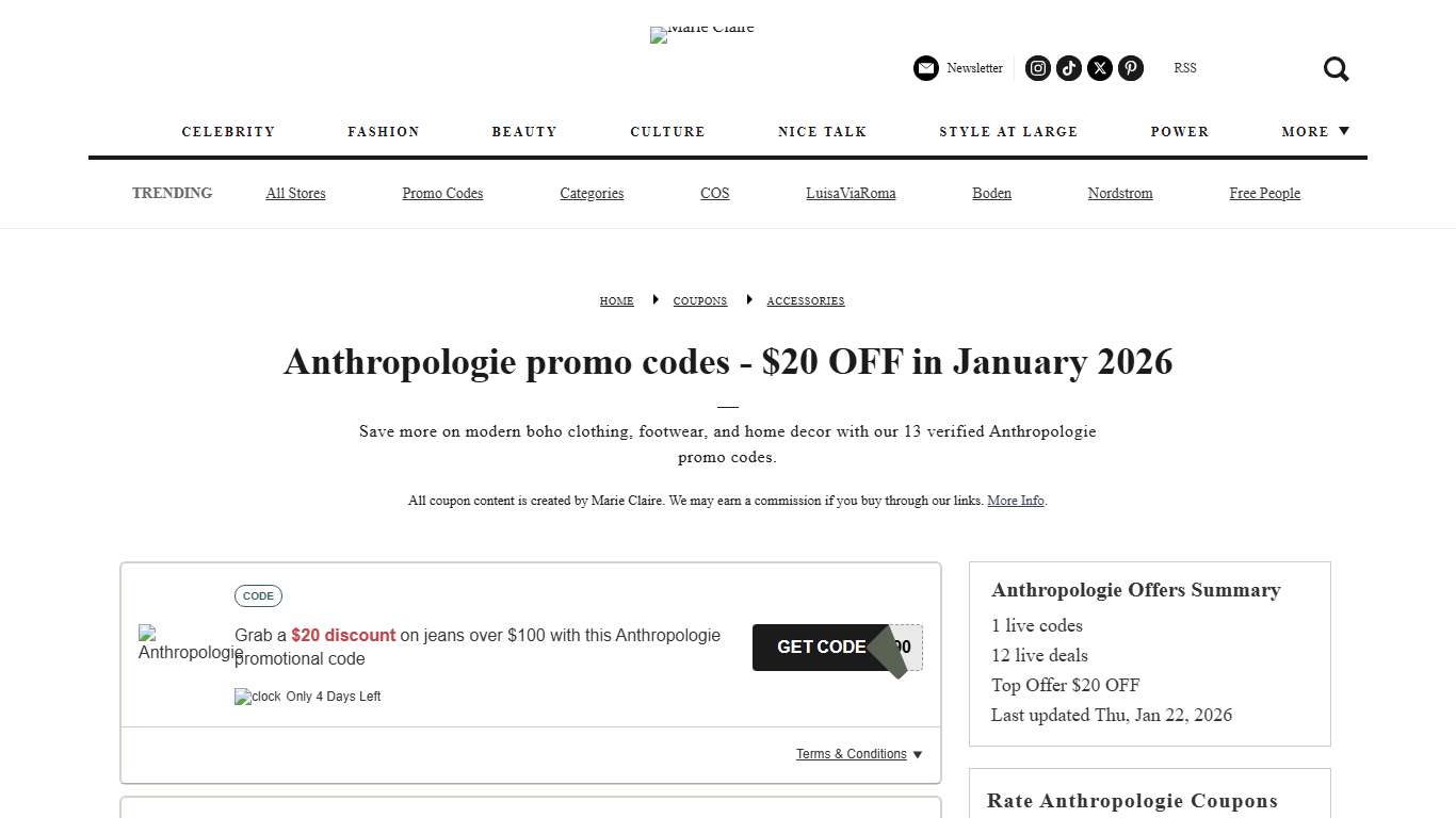 Anthropologie promo codes $20 OFF in January 2026