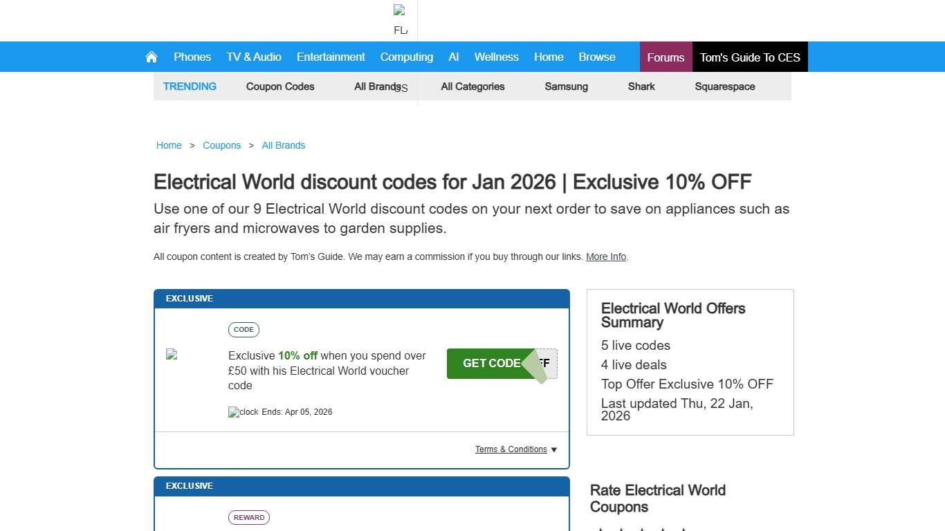 Electrical World discount codes for Jan 2026 Exclusive 10% OFF Tom's Guide